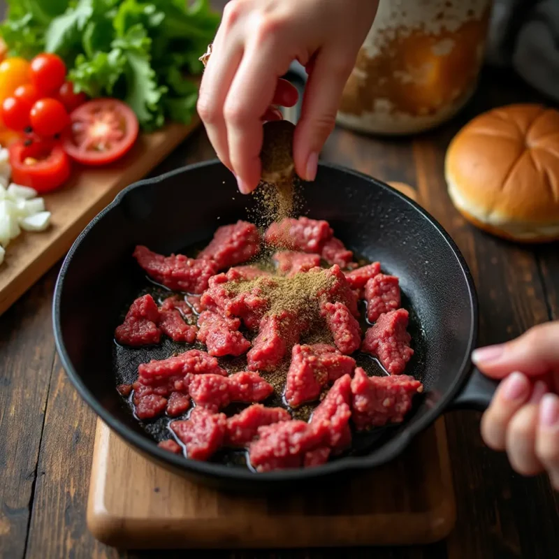 "Seasoned ground beef cooking in a skillet with fresh vegetables and sandwich toppings prepared on a wooden cutting board."