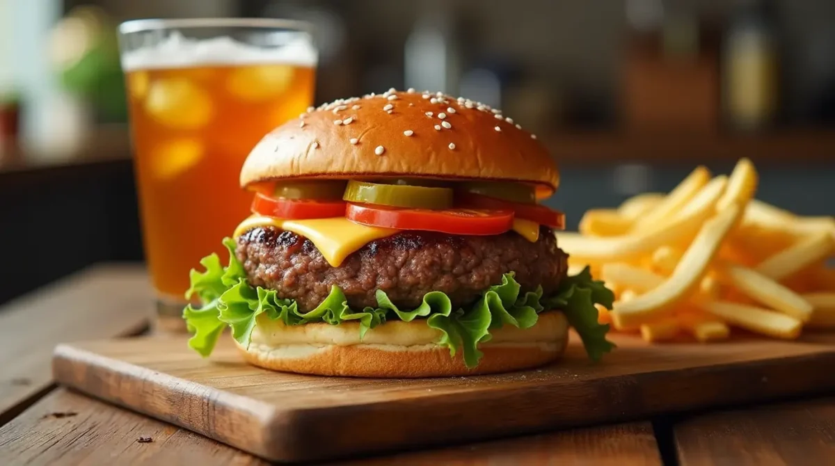 "A delicious ground beef sandwich on a toasted bun, topped with melted cheese, lettuce, tomato, and pickles, served with crispy French fries on a rustic wooden table."