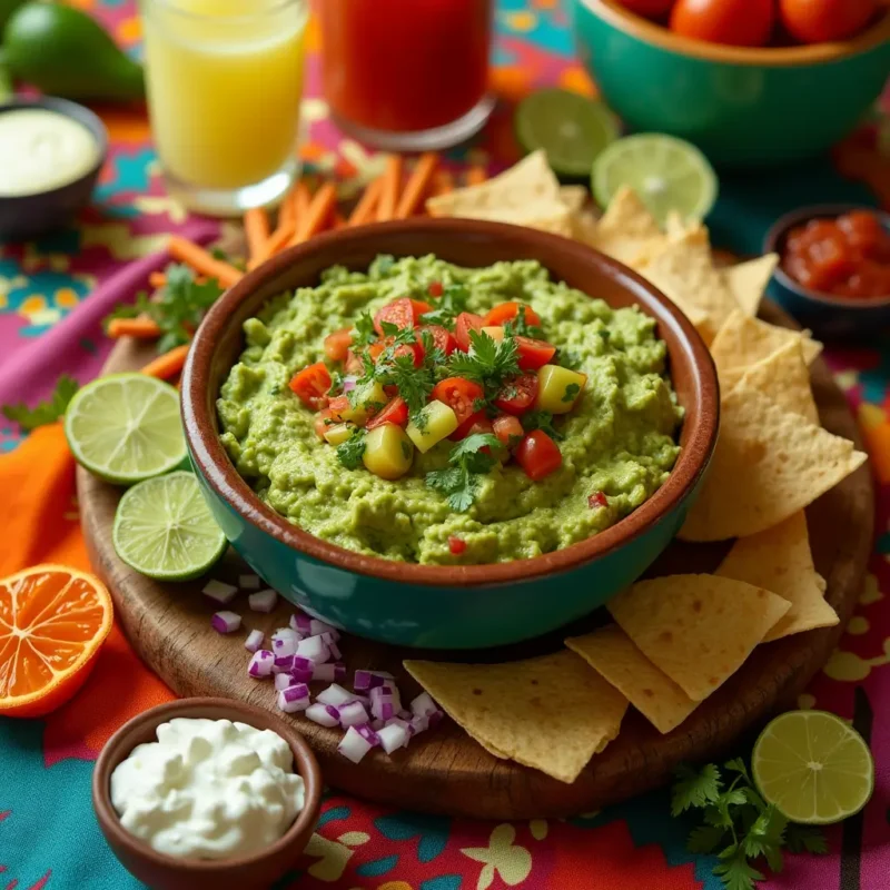 "Festive table setting with a large bowl of guacamole, surrounded by colorful toppings like diced tomatoes, onions, cilantro, and lime wedges, alongside tortilla chips, vegetable sticks, and toasted bread slices. A Mexican-themed tablecloth, margarita pitcher, and small bowls of salsa and sour cream complete the scene, creating a lively and inviting atmosphere."