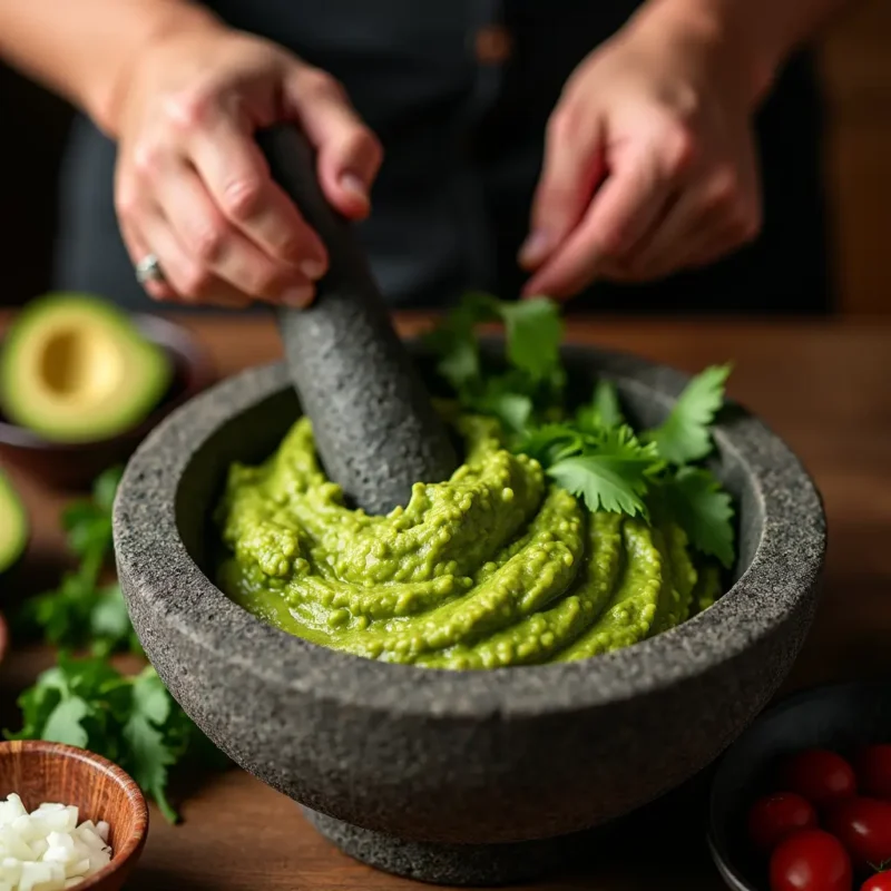 "Close-up of hands mashing ripe avocados in a traditional molcajete with fresh cilantro, jalapeños, and lime juice, surrounded by diced tomatoes and onions, showcasing the preparation of authentic guacamole."