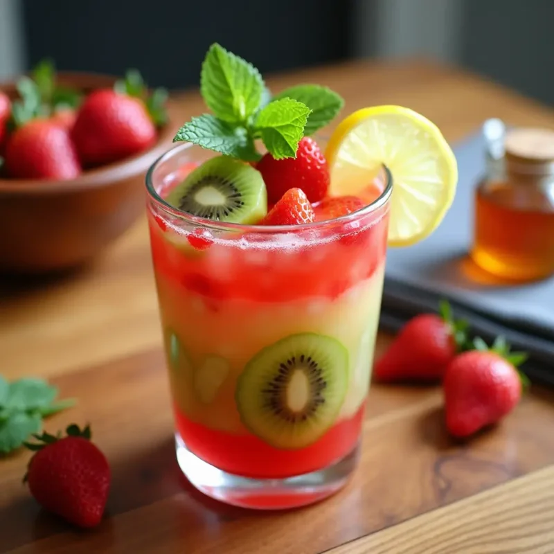 A glass cup of Hwachae filled with fresh watermelon, strawberries, and kiwi, garnished with mint and a lemon slice, placed on a wooden table. A bowl of additional fruits and a jar of honey sit nearby, creating a cozy and inviting setting for enjoying this traditional Korean fruit punch."