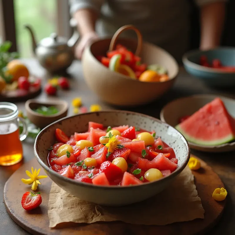 "A chef preparing Hwachae in a traditional Korean kitchen, mixing fresh fruits like watermelon, strawberries, and citrus in a large ceramic bowl. The table is filled with ingredients such as honey, sweetened condensed milk, and edible flowers, with a finished bowl of Hwachae in the foreground. Warm lighting highlights the vibrant colors and traditional Korean kitchenware."