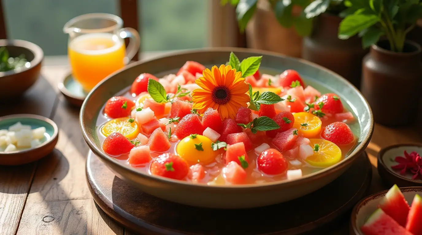 "A colorful bowl of Hwachae, a traditional Korean fruit punch, filled with fresh watermelon, strawberries, and citrus slices, garnished with mint leaves and edible flower petals. The bowl is placed on a rustic wooden table, surrounded by traditional Korean ceramic dishes and a pitcher of the drink, bathed in warm sunlight."