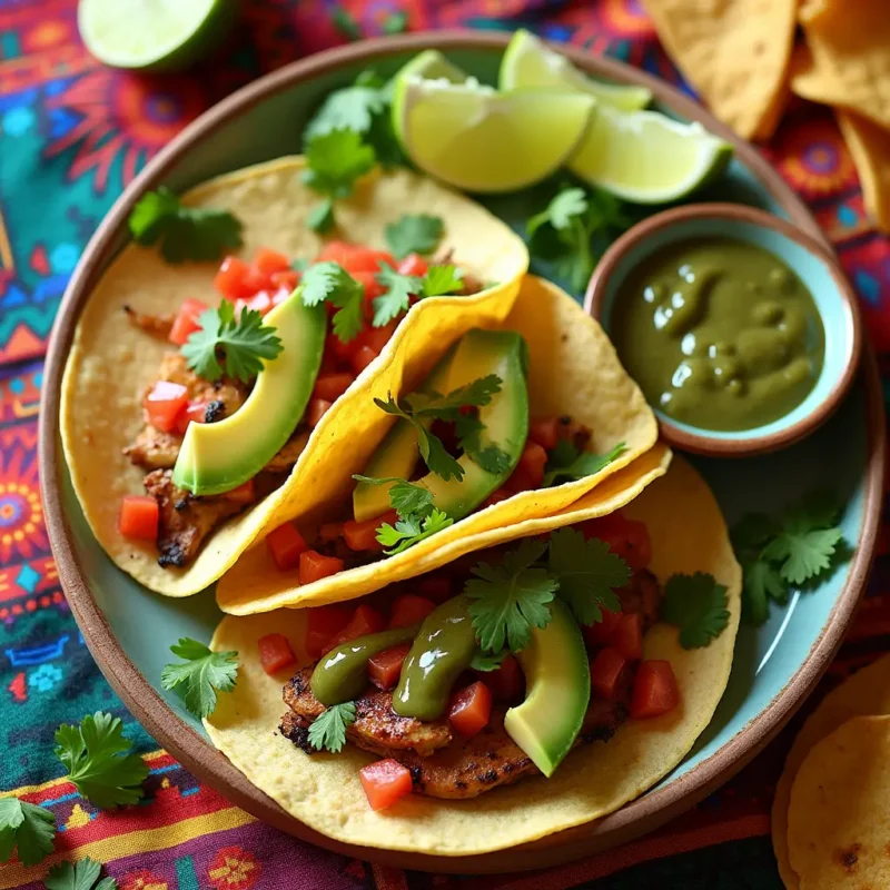 A colorful taco platter topped with jalapeno sauce, featuring grilled chicken, fresh cilantro, diced tomatoes, and avocado slices. Lime wedges and a small bowl of extra jalapeno sauce are placed beside the tacos, with a vibrant Mexican-themed tablecloth in the background."