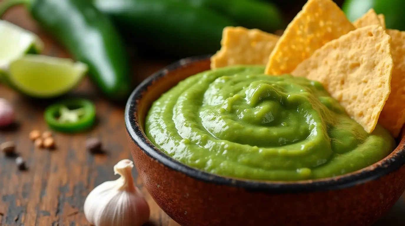 Homemade jalapeno sauce in a bowl, surrounded by fresh jalapenos, lime wedges, and garlic cloves, with a tortilla chip dipped in the sauce. A rustic kitchen setting with spices and herbs in the background