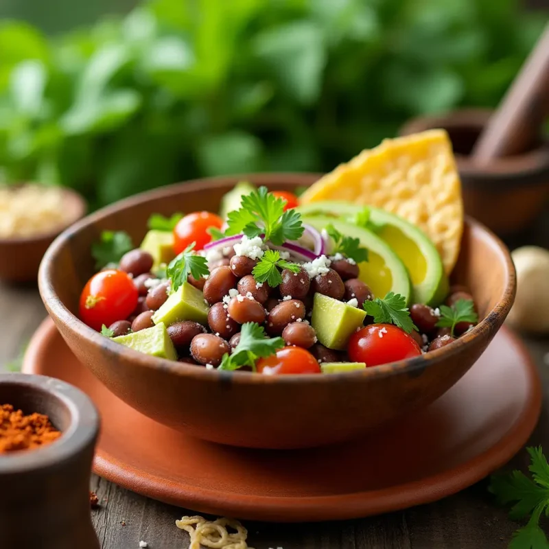 "A vibrant Mayocoba Bean salad with avocado, tomatoes, red onion, and cilantro, drizzled with lime and olive oil. Served on a terracotta plate with spices and tortilla chips, showcasing a healthy and colorful Latin-inspired meal."