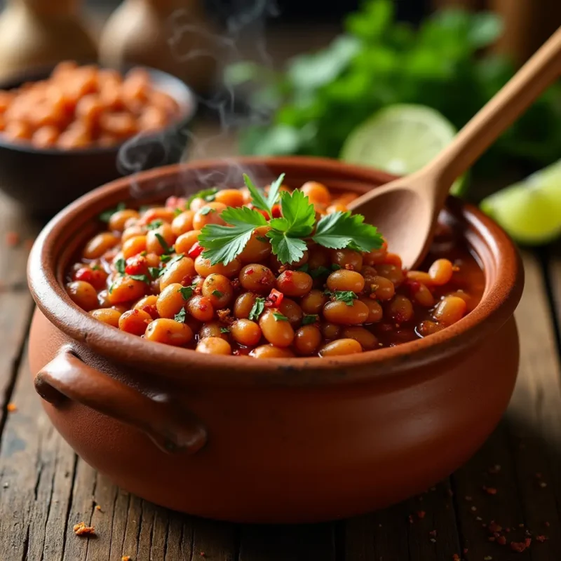 "Cooked Mayocoba Beans in a traditional clay pot, garnished with fresh cilantro and chili flakes. A wooden spoon, dried beans, and a lime wedge rest on a rustic wooden table. Warm lighting and subtle steam evoke the authenticity of Latin American cuisine."