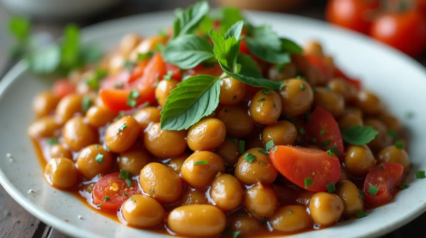 A mouth-watering Mayocoba Beans dish served on a white plate and garnished with fresh herbs.