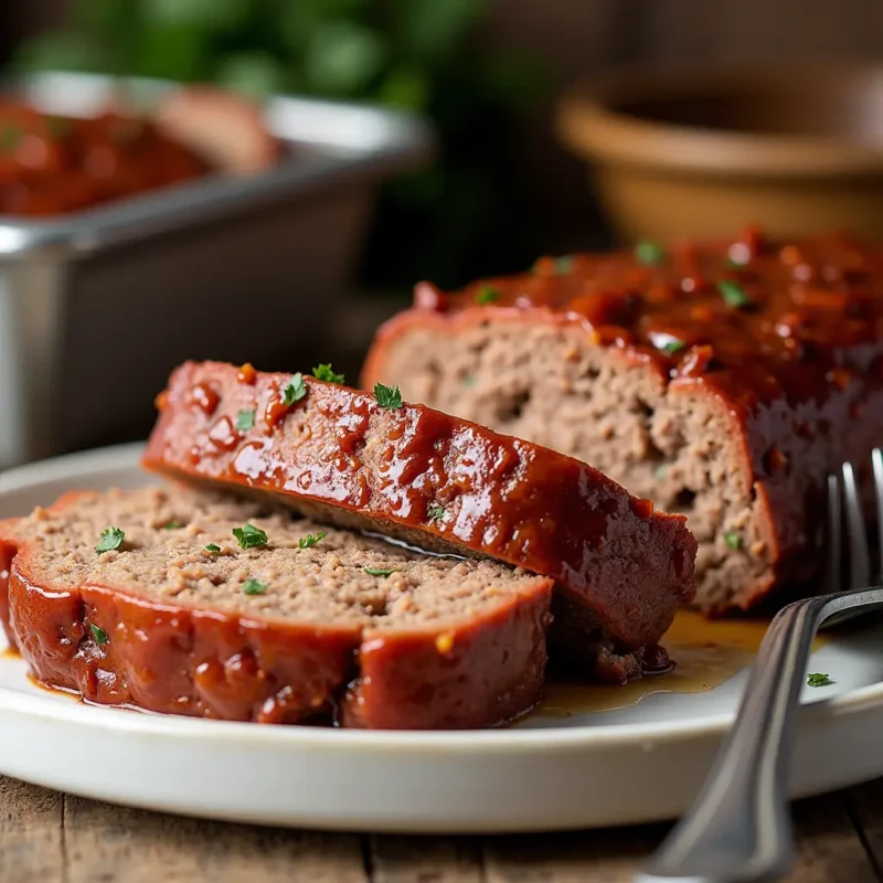 "Juicy, golden-brown meatloaf slices with a shiny glaze, served on a white plate with a fork. Perfectly cooked interior with visible herbs and onions, showcasing a homemade, comforting dinner.