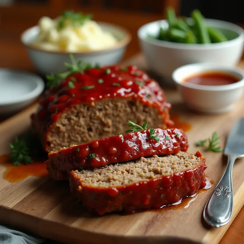 Golden-brown meatloaf with a glossy glaze, sliced to show its juicy interior, served on a rustic wooden board. Accompanied by creamy mashed potatoes, steamed green beans, and extra glaze, set on a cozy dining table for a comforting family dinner