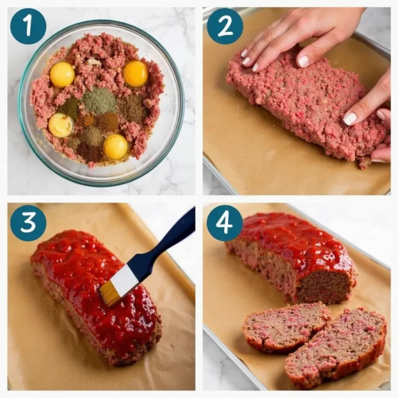 Step-by-step meatloaf preparation: Mixing ground beef with breadcrumbs and seasonings, shaping the loaf, applying glaze, and the finished golden-brown meatloaf is ready to serve. A visual guide to making a homemade, comforting dish