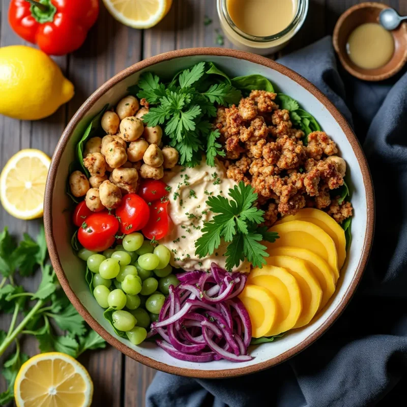 **"A beautifully styled Mediterranean Buddha Bowl with Lemon-Tahini Dressing, featuring quinoa, fresh vegetables, avocado, and chickpeas, garnished with herbs and lemon. A healthy and visually appealing meal."**