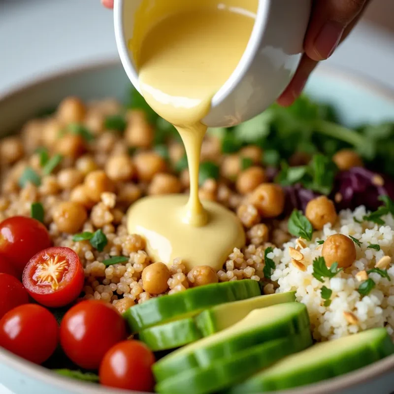 **"Creamy Lemon-Tahini Dressing being drizzled over a colorful Mediterranean Buddha Bowl filled with quinoa, fresh veggies, and chickpeas. A healthy and flavorful meal option."**