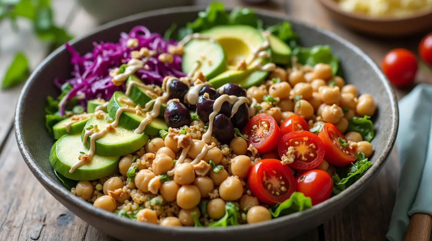 **"A colorful Mediterranean Buddha Bowl with Lemon-Tahini Dressing, featuring quinoa, chickpeas, fresh vegetables, avocado, and tahini sauce, garnished with toasted nuts and herbs. Perfect for a healthy and flavorful meal."**