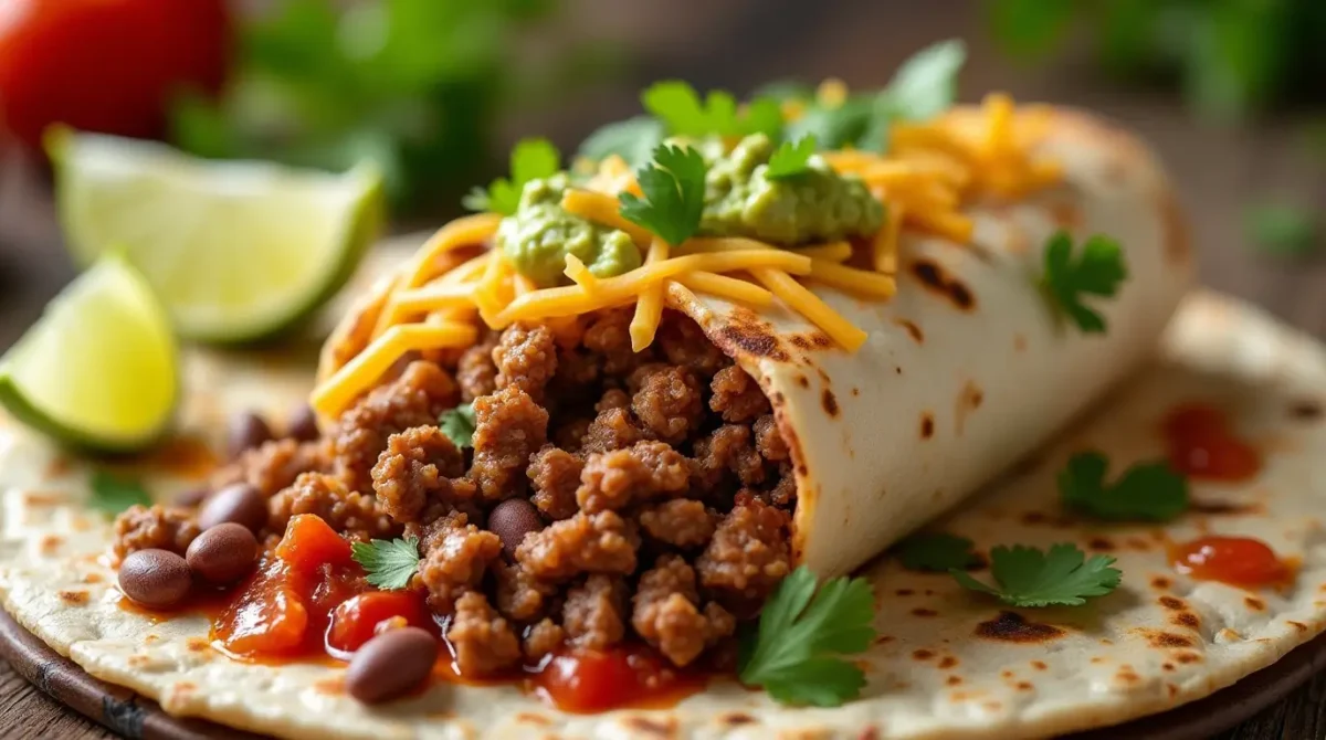 A delicious ground beef Mexican burrito, filled with seasoned beef, melted cheese, beans and fresh toppings, wrapped in a warm flour tortilla. Perfect for a hearty and flavorful meal."