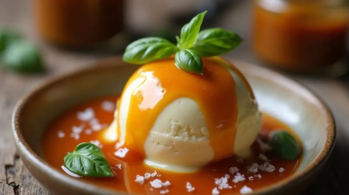 "Golden miso caramel drizzled over vanilla ice cream, topped with sea salt and fresh basil leaves. A jar of miso paste sits in the background on a rustic wooden table, with warm lighting highlighting the glossy texture of the caramel."