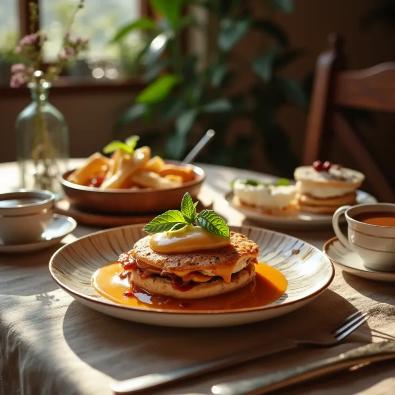 "A cozy breakfast table with fluffy pancakes drizzled in glossy miso caramel and a steaming mug of coffee. Soft morning light illuminates the rustic wooden table and linen napkins.