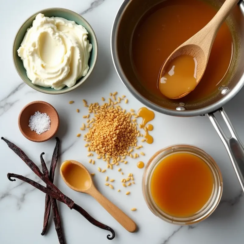 "Overhead view of miso caramel recipe ingredients and tools: white miso paste in a bowl, golden caramel simmering in a saucepan, a wooden spoon drizzling caramel, and a jar of finished sauce. Vanilla beans, flaky sea salt, and toasted sesame seeds add texture, styled on a marble countertop with warm lighting for a modern cooking aesthetic."