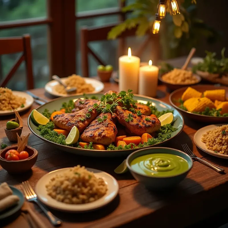 "A platter of grilled Peruvian chicken with char marks, garnished with fresh cilantro and lime wedges, served alongside traditional sides like roasted sweet potatoes, quinoa salad, and aji verde sauce."