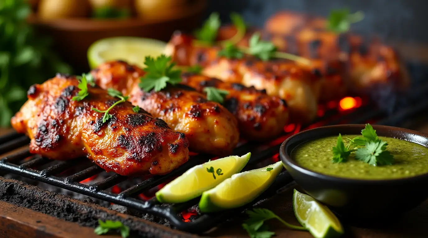 Juicy Peruvian chicken being grilled over charcoal flames, with a smoky char and vibrant green Aji Verde sauce in the foreground, surrounded by traditional sides like roasted potatoes and corn