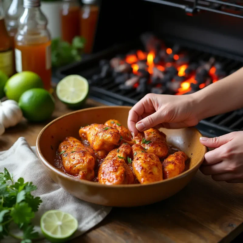 Grilled Peruvian chicken with char marks, served alongside traditional sides like roasted potatoes, corn, and a vibrant green Aji Verde sauce, garnished with fresh cilantro and lime wedges