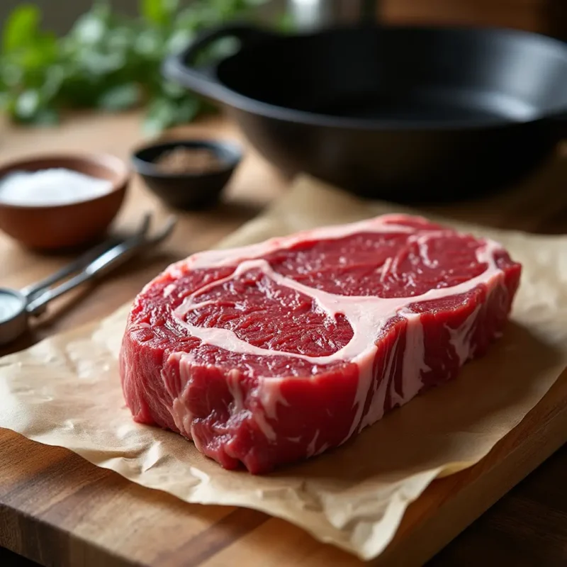 A close-up of a raw ribeye steak with rich marbling, displayed on butcher's paper. A meat thermometer, a bowl of salt and pepper, and cooking tools like a cast-iron skillet and tongs are visible in the background, highlighting the preparation process in a well-lit kitchen setting