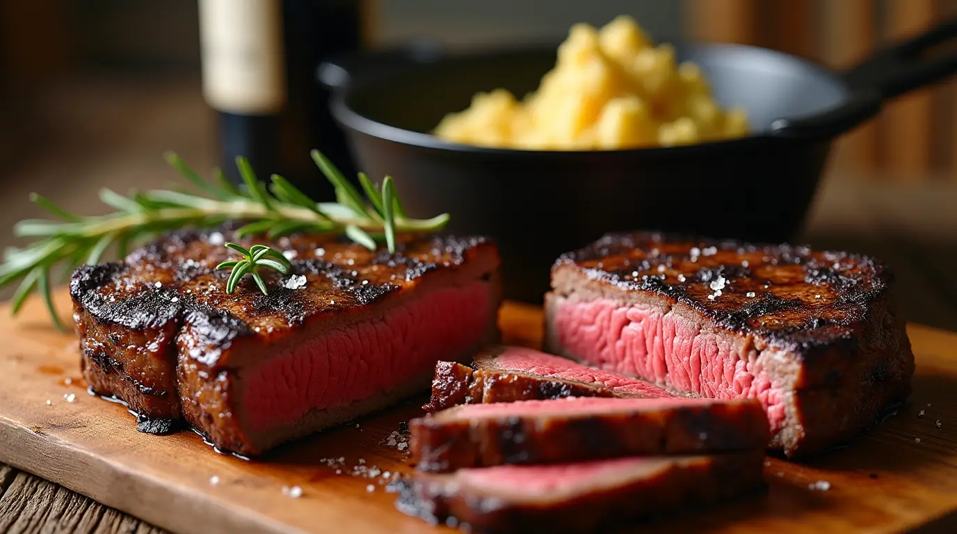 A perfectly cooked ribeye steak with a golden-brown crust and visible grill marks, sliced to reveal a tender, pink interior. Garnished with fresh rosemary and coarse salt, served on a wooden cutting board. A cast-iron skillet, bottle of red wine, and roasted garlic mashed potatoes are in the background, creating a warm and inviting culinary scene