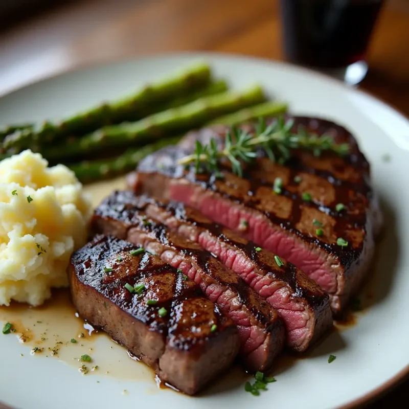 A beautifully plated ribeye steak, seared to a golden-brown crust and sliced to show a juicy, medium-rare interior. Garnished with fresh thyme and herb butter, served alongside roasted asparagus and garlic mashed potatoes. A glass of red wine sits in the background, with soft lighting highlighting the elegant and appetizing presentation