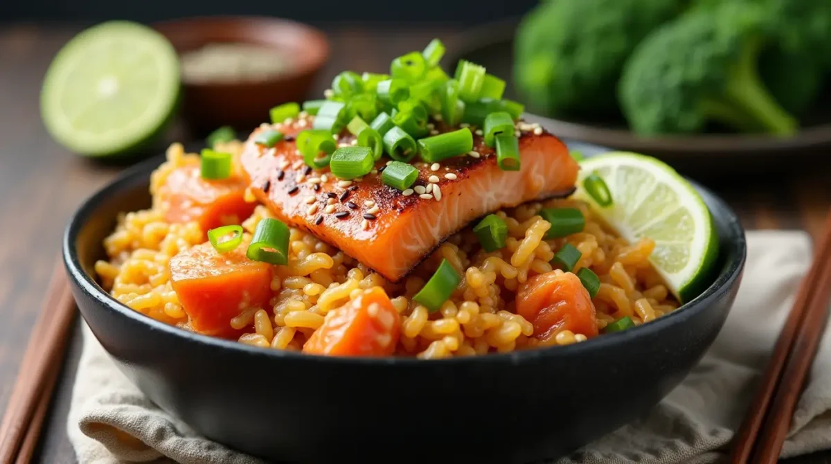 "Delicious salmon fried rice served in a bowl with green onions, sesame seeds, and a lime wedge. Perfect for a healthy and easy dinner."