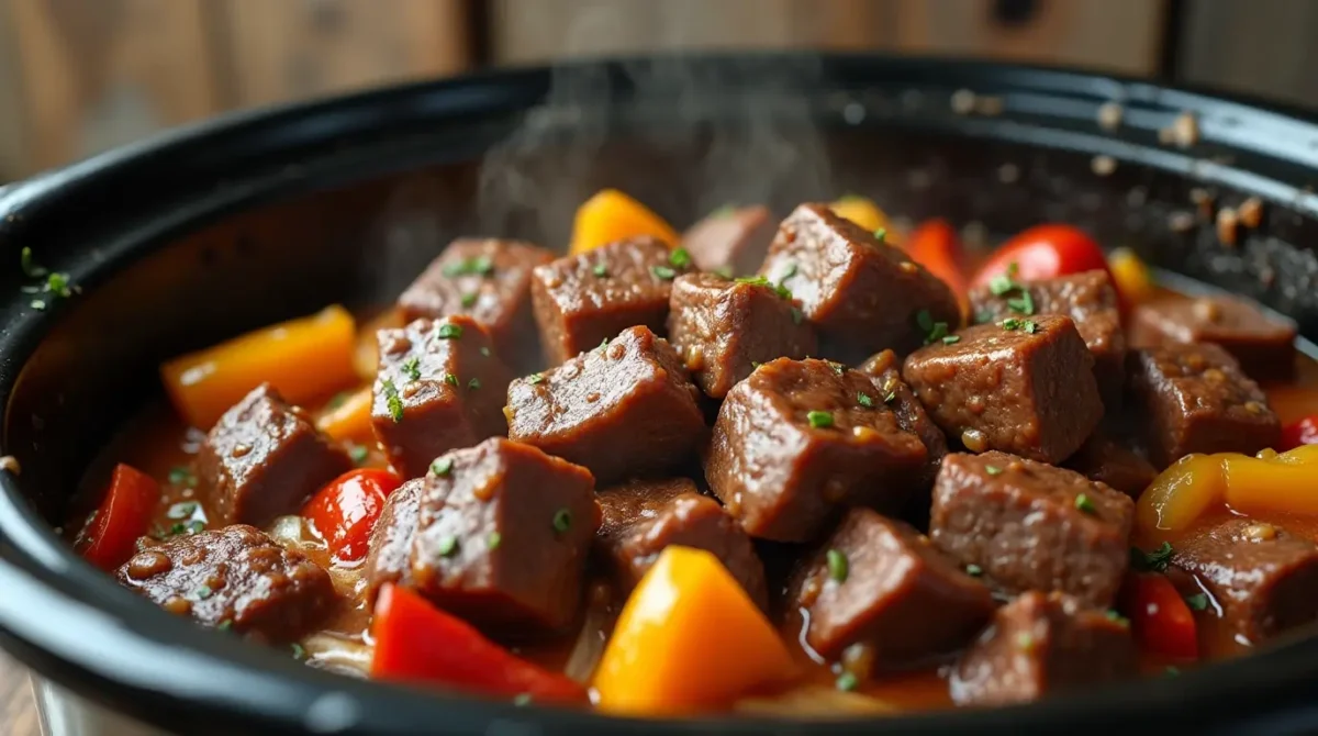 "Tender slow cooker steak cubes with bell peppers, onions, and mushrooms in a rich, savory sauce, perfect for an easy and flavorful meal."