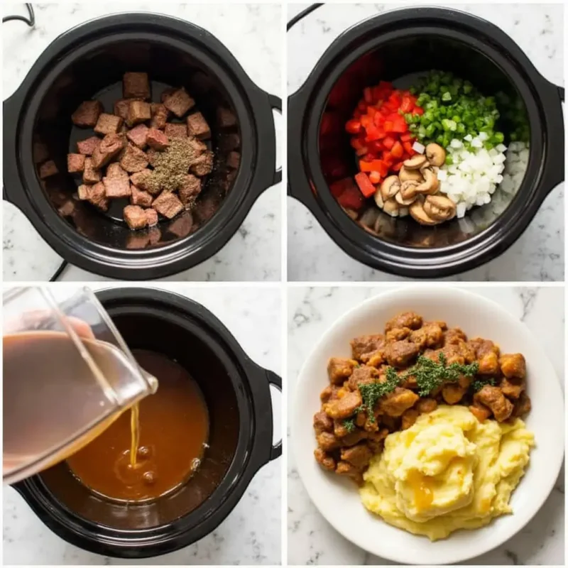  
"Step-by-step guide to making slow cooker steak cubes: seasoning beef, adding vegetables, pouring broth, and serving over mashed potatoes with fresh herbs."