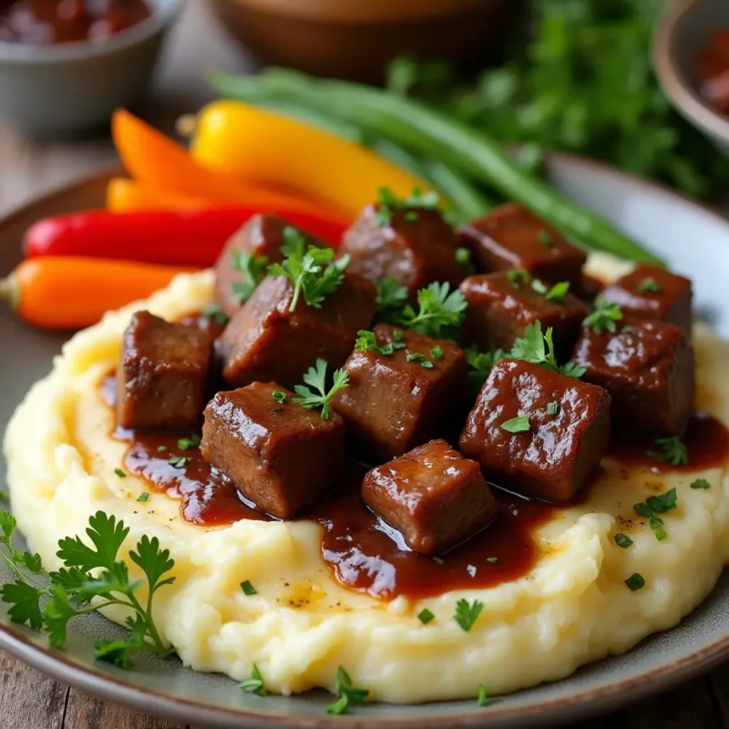 
"Tender slow cooker steak cubes served over creamy mashed potatoes, garnished with fresh parsley, alongside colorful roasted vegetables in a cozy, rustic setting."