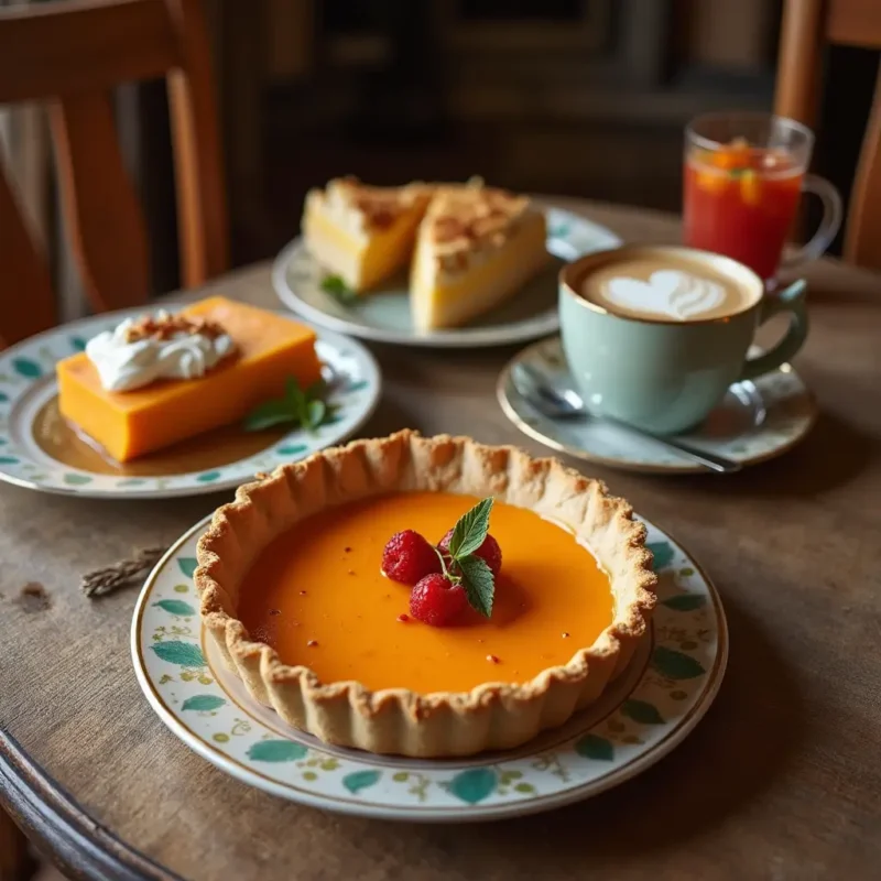 The image shows a cozy table where we can see a sweet potato pie decorated with fruits and accompanied by coffee and juice.