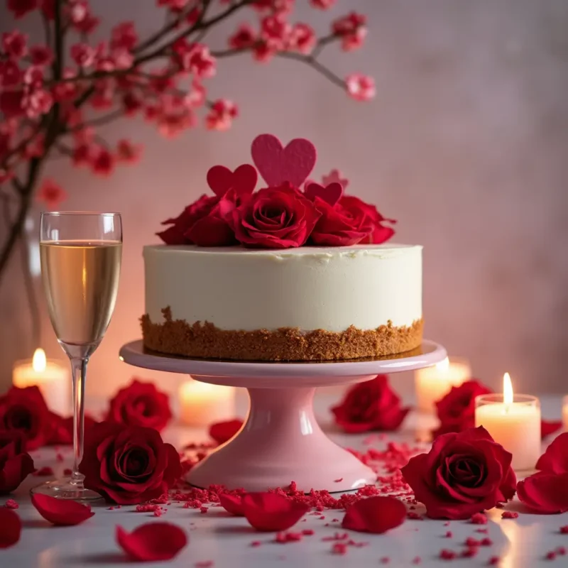 "Beautifully decorated Valentine's Day cake on a cake stand, surrounded by rose petals and candles, perfect for a romantic celebration."