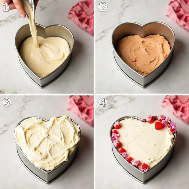 An image showing  "Step-by-step images of baking a Valentine's Day cake: mixing batter, pouring into a heart-shaped pan, frosting with cream cheese, and adding decorative touches like strawberries and edible flowers."