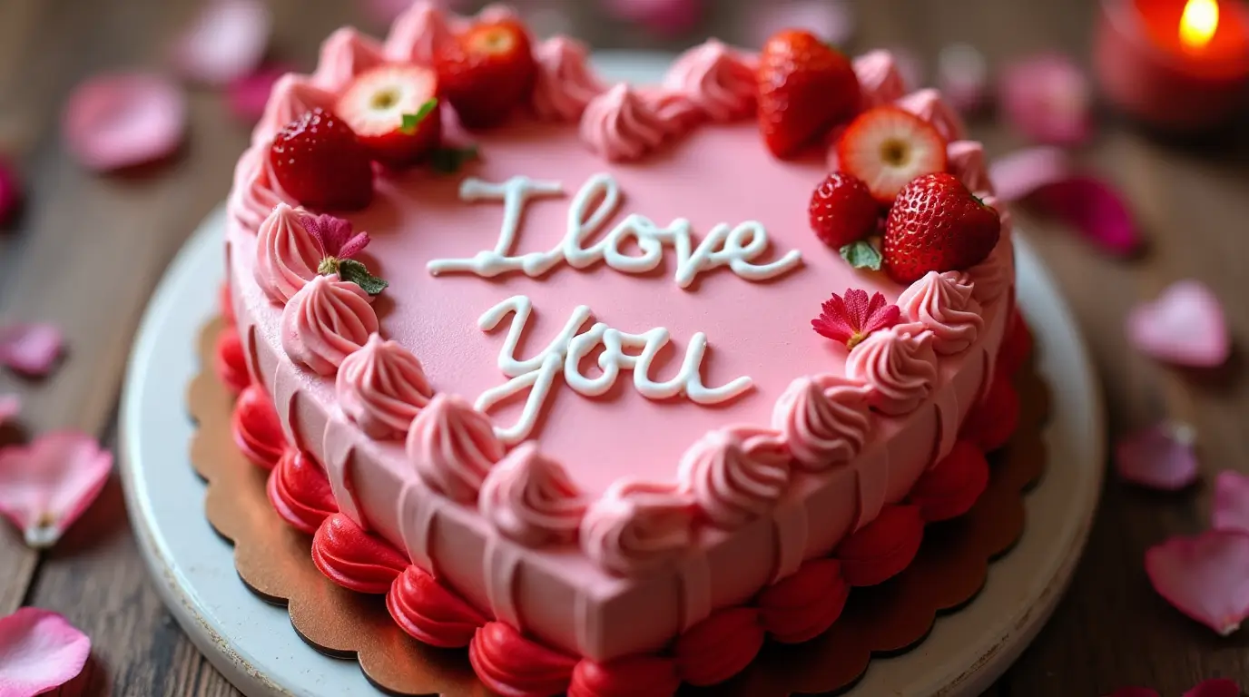 Valentine's Day cake, heart-shaped with pink and red ombre frosting, topped with strawberries and edible flowers, perfect for a romantic celebration."