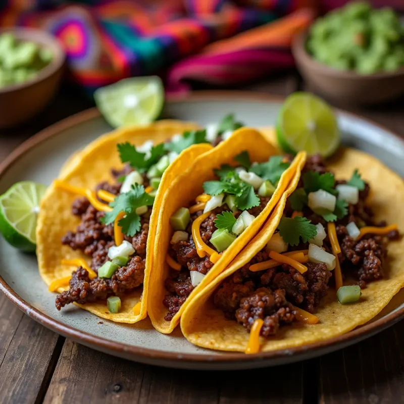 "Fully assembled Vampiro Tacos on a rustic wooden table, featuring crispy tortillas, grilled carne asada, melted cheese, fresh cilantro, diced onions, and salsa verde, with lime wedges and guacamole on the side."