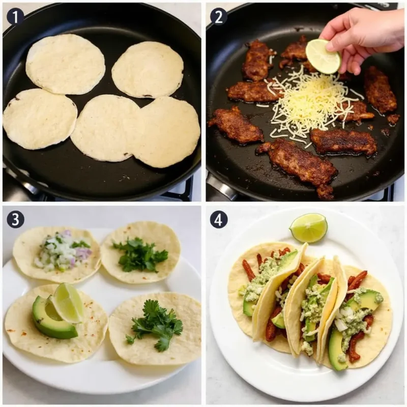 "Step-by-step images of making Vampiro Tacos: tortillas grilling on a skillet, juicy carne asada on a grill, melted cheese on a crispy tortilla, bowls of fresh toppings, and fully assembled tacos with salsa and lime."