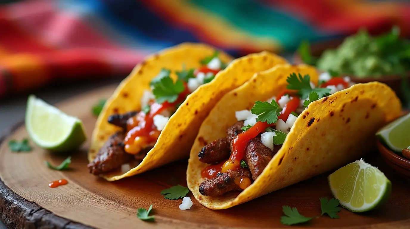 "Freshly made Vampiro Tacos with crispy tortillas, grilled carne asada, melted cheese, onions, cilantro, and salsa roja, served with lime wedges and guacamole on a rustic wooden table."