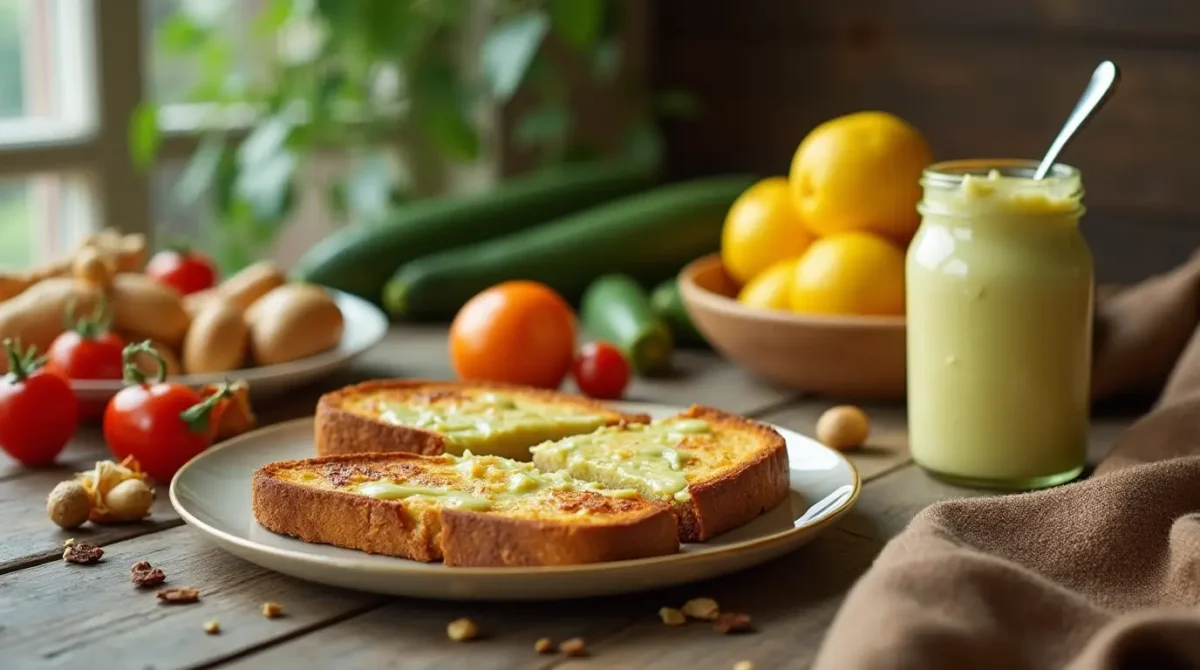 An image of a cozy table where we can see a bottle of zucchini butter and a golden roasted toast spread by zucchini butter