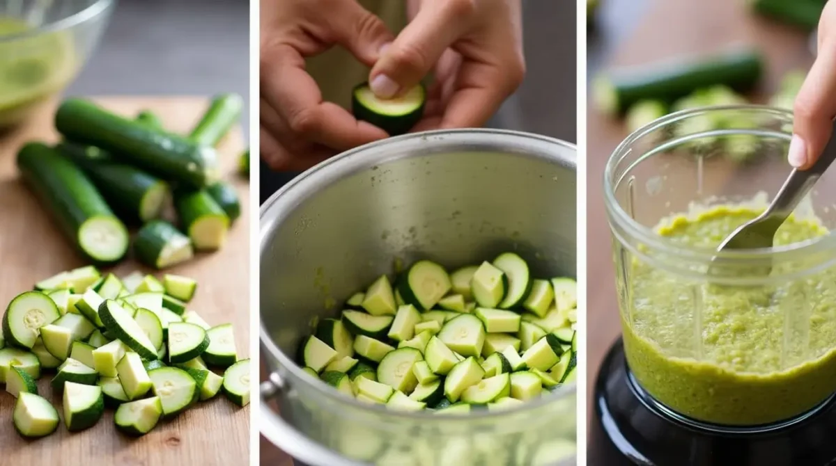 Image showing the process of making zucchini butter, starting by dicing zucchini and cooking it to the last step of blending to get the creamy texture