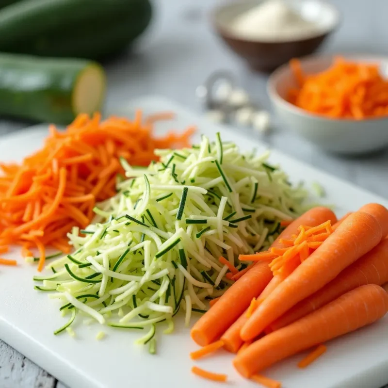 "Freshly grated zucchini and carrots on a white cutting board, ready to be added to the Zucchini Carrot Bread batter. A small bowl of each ingredient sits nearby, with a grater placed casually in the background, highlighting the preparation process for this moist and flavorful quick bread."