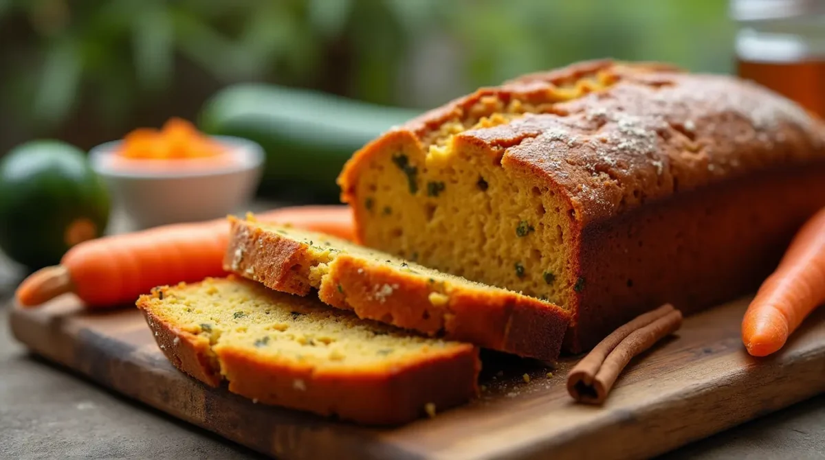 "A slice of freshly baked Zucchini Carrot Bread on a rustic wooden board, showcasing its moist texture and vibrant flecks of grated zucchini and carrots. Garnished with a dusting of cinnamon and surrounded by fresh zucchini, carrots, and baking ingredients like flour and cinnamon sticks for a warm, homemade feel."