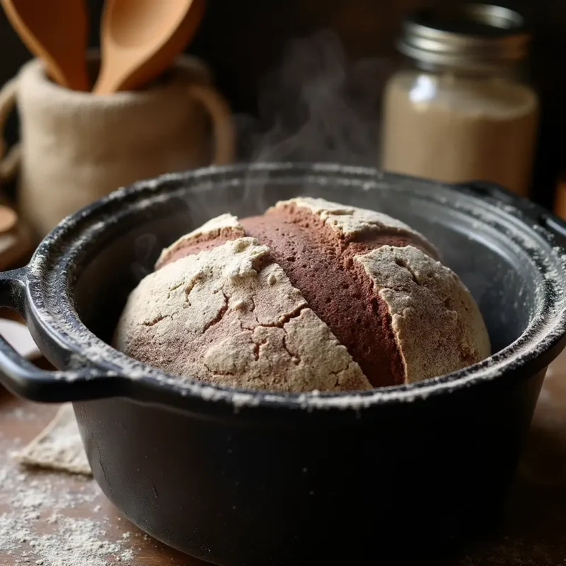 Chocolate sourdough loaf scored and ready for baking, placed inside a preheated Dutch oven. Dusted with flour, the dough shows intricate scoring patterns, with steam rising slightly. A rustic kitchen backdrop includes a wooden spoon, flour sack, and sourdough starter jar.