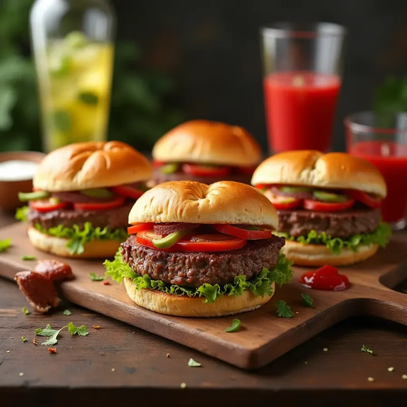 A cozy image of a set of ground beef sandwiches with a good amount of meat topped with lotus tomato and pickles in a mouth-watering delightful image