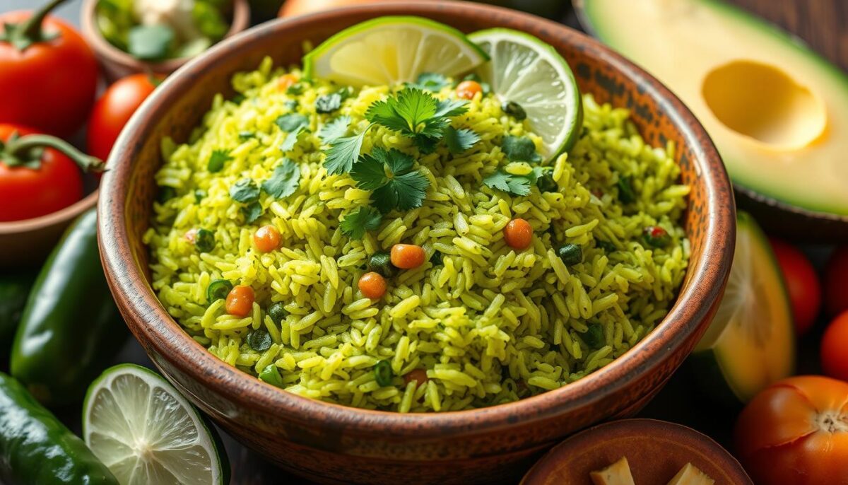 "A vibrant bowl of Arroz Verde (Mexican green rice) with fresh cilantro, parsley, and jalapeños, served alongside lime wedges and a wooden spoon on a rustic table. The dish showcases the bright green color and authentic flavors of traditional Mexican cuisine