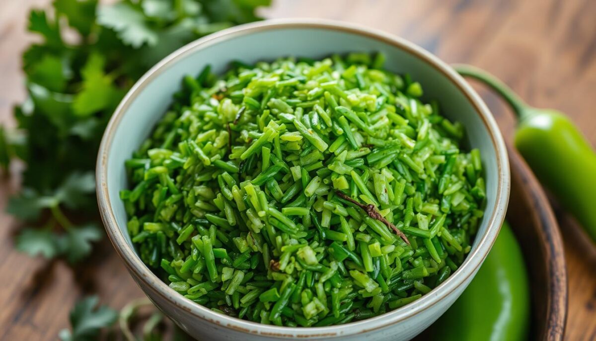 Freshly chopped cilantro, parsley, and dill in a small bowl, ready to be blended for Arroz Verde. The vibrant green herbs add flavor and color to this traditional Mexican green rice dish