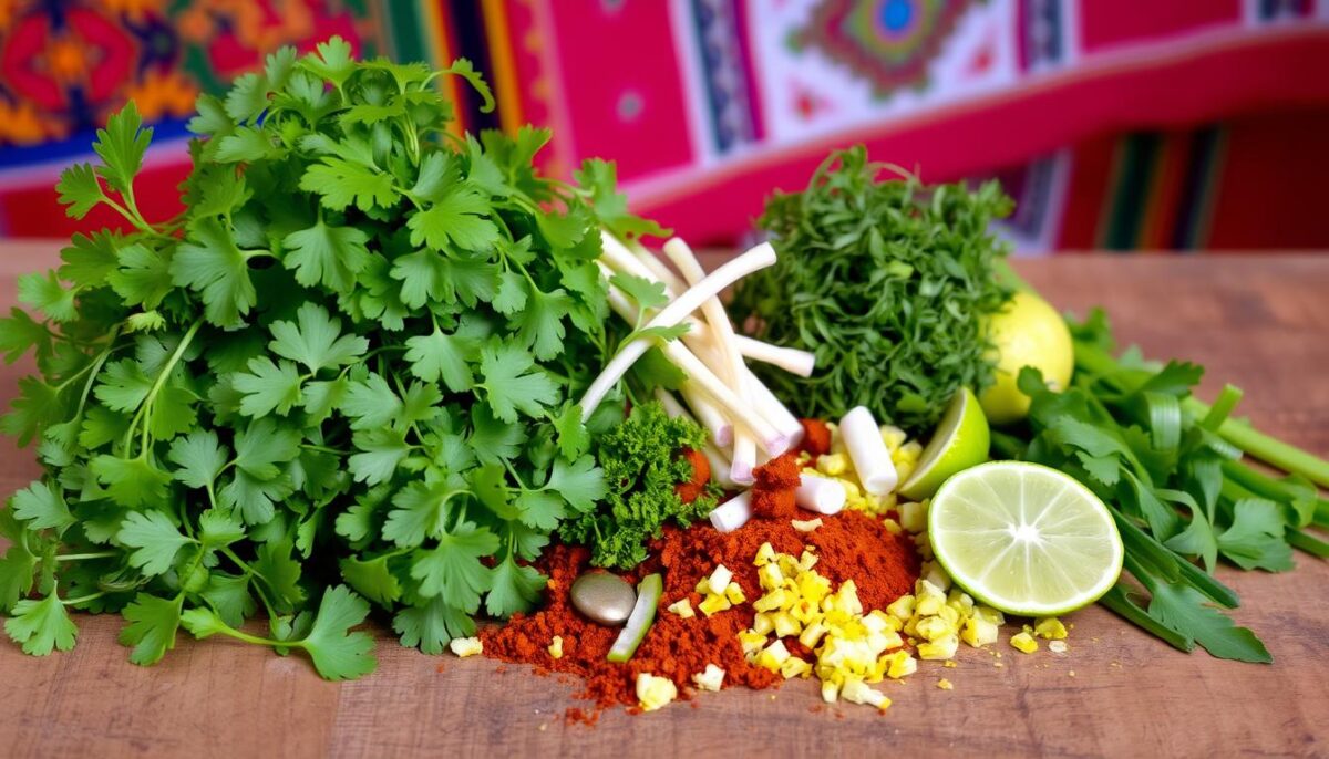 "A close-up of fresh herbs (cilantro, parsley, and dill) and ingredients (onions, garlic, and jalapeños) used to make Arroz Verde, arranged on a wooden cutting board. The vibrant green herbs highlight the key flavors of this traditional Mexican green rice dish."