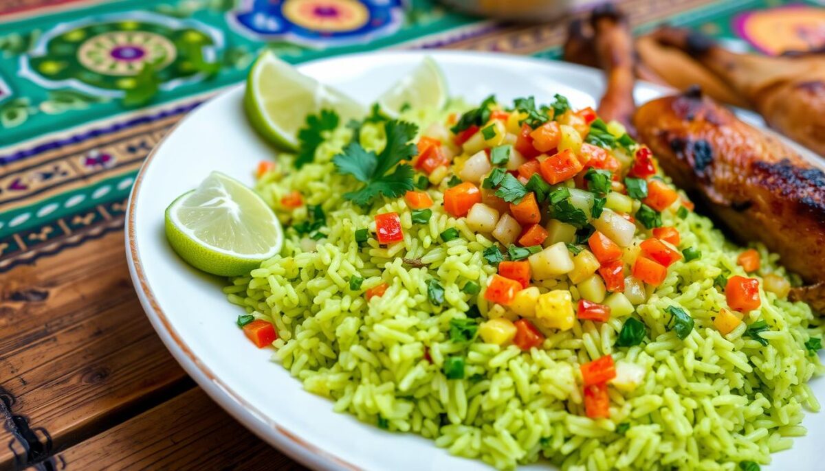 "A hearty serving of Arroz Verde (Mexican green rice) paired with tender, seasoned chicken, garnished with fresh cilantro and lime wedges. The dish is presented on a rustic plate, showcasing the vibrant green rice and flavorful combination of Mexican cuisine."