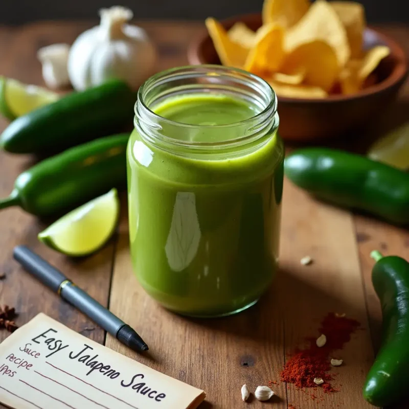 A jar of homemade jalapeno sauce on a wooden countertop, surrounded by fresh jalapenos, garlic cloves, lime slices, and tortilla chips. A handwritten recipe card titled 'Easy Jalapeno Sauce' is in the foreground, with a pen and spices nearby, creating a warm and inviting kitchen scene